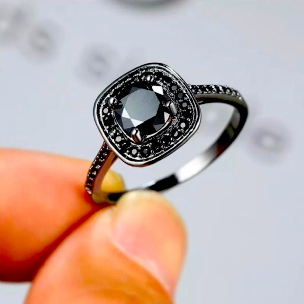 Black Gold titanium black crystal cushion cut onyx boho chic ring unisex sz 10